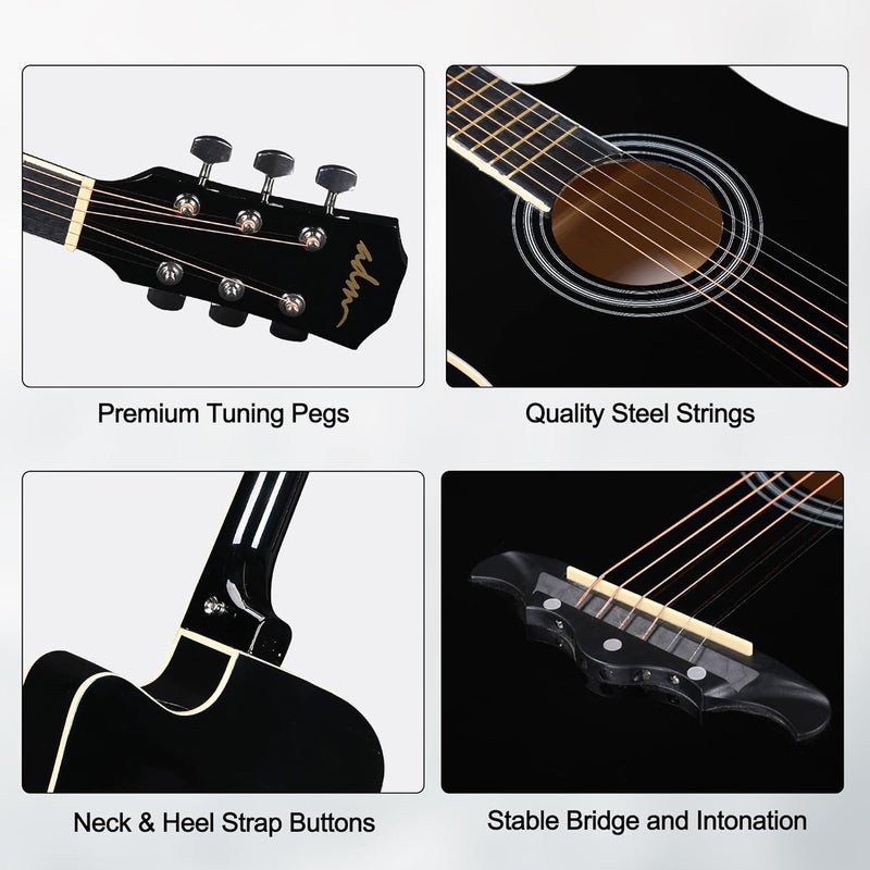 ADM 38" Inch Acoustic Guitar Bundle for Beginners Adults with Online Lesson, Cutaway Wood Acustica Guitarra Starter Set Package with Gig Bag, Strap, Steel Strings, Picks, Capos, Stand, Black - Image 5